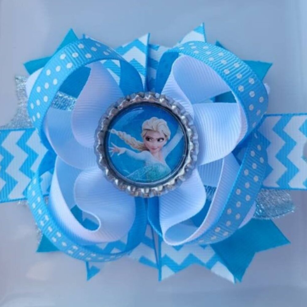 Elsa Frozen Disney Princess Turquoise Blue White Silver Bottle Cap Hair Bow 5"